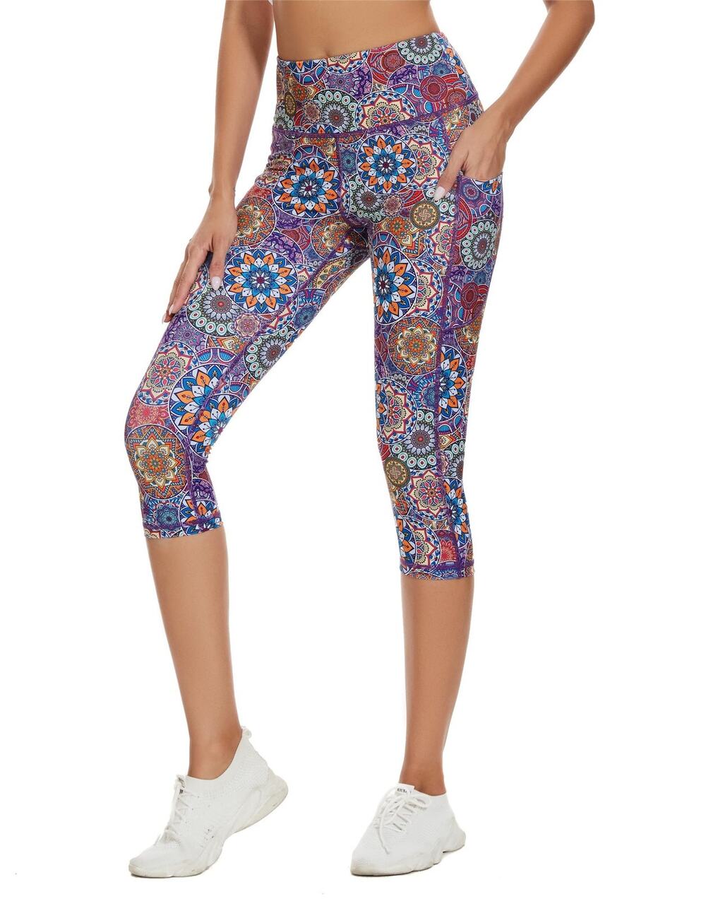 Raypose Womens XL Capri Leggings Purple Multicolor Mandala High Waist Pockets